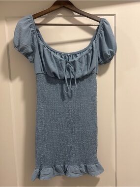 Blue Puff-Sleeve Smocked Mini Dress